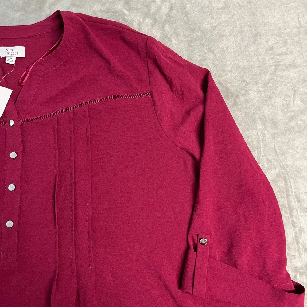 NWT Kim Rogers Womens 4X Sangria Red Pintuck Roll Tab 3/4 Sleeve Blouse Office